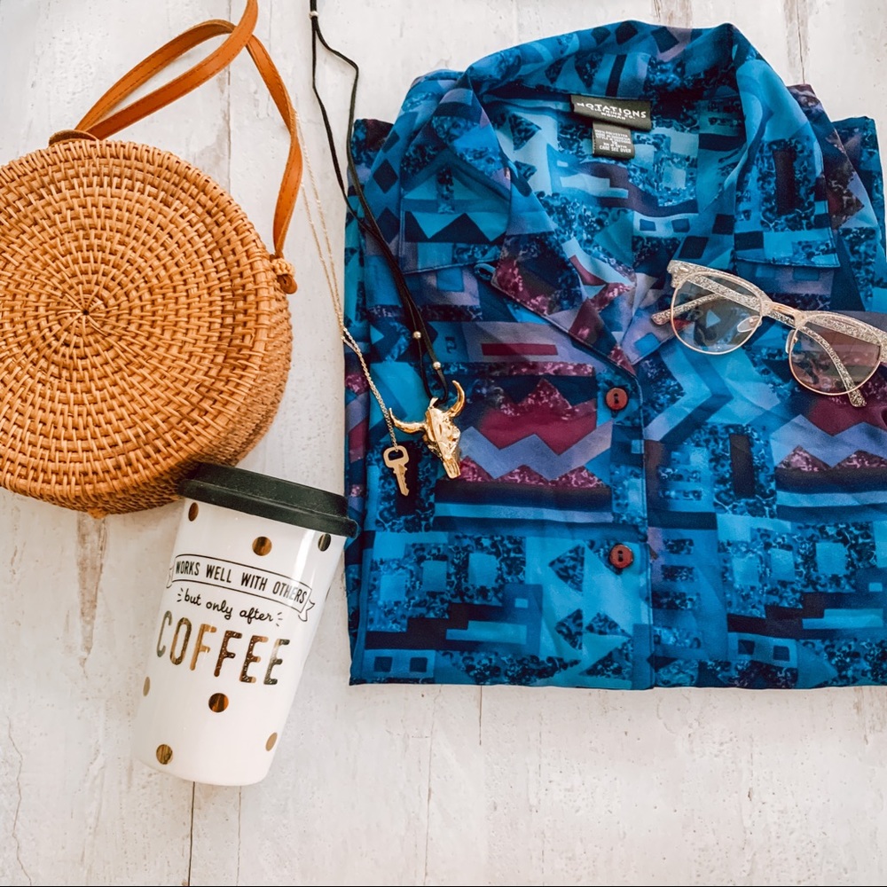 Vintage Blue Abstract Button Down Top SZ 1X